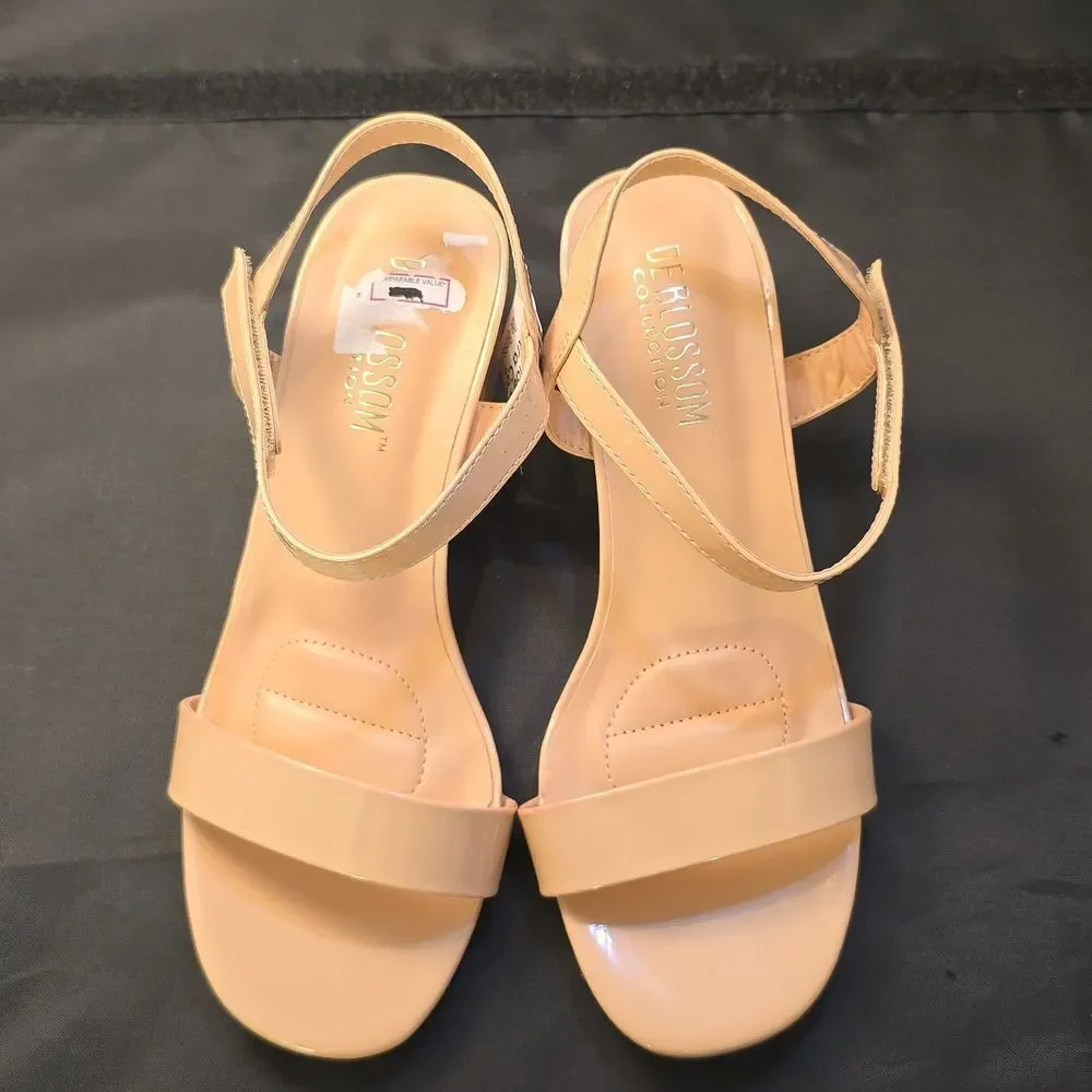 Cream Block Heel Shoes with Ankle Strap